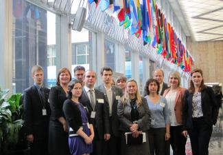 Photo of Russian nanotoxicologists with staff from Department of State, Open World, and CRDF after meetings in the Department of State.