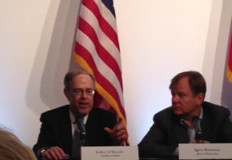 Executive Director John O'Keefe (left) and Igor Butman at a press conference before the tribute to jazz diplomacy event.